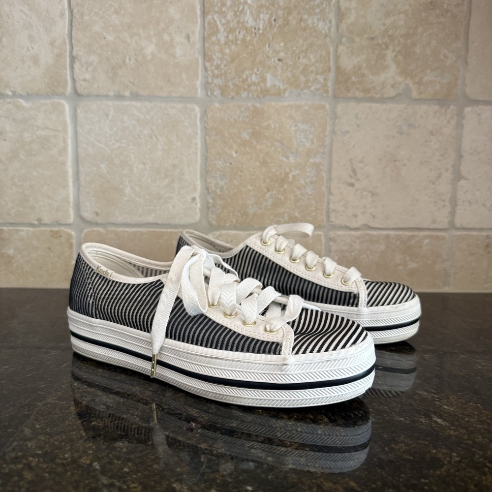 Keds x Kate Spade‎ Triple Kick Striped Mesh Sneakers W's 6 Black/White Platform